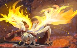 Rule 34 | 1girl, all fours, bow, closed mouth, commentary request, fiery wings, fujiwara no mokou, full body, hair bow, kijima (amayadori-tei), long hair, looking at viewer, ofuda, ofuda on clothes, pants, red bow, red eyes, red pants, serious, shirt, solo, touhou, white hair, white shirt, wings