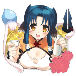 Rule 34 | 1girl, animal, animal ears, aquaplus, arms up, atuy, blue hair, blush, bottle, breasts, choko (cup), cleavage, cleavage cutout, clothing cutout, cup, fingernails, gamo mk, gradient eyes, gradient hair, holding, holding bottle, holding cup, jellyfish, kurarin (utawarerumono), large breasts, long sleeves, looking at viewer, multicolored eyes, multicolored hair, open mouth, orange eyes, parted bangs, polearm, raised eyebrows, sake bottle, short hair with long locks, spear, tentacles, tongue, utawarerumono, utawarerumono: itsuwari no kamen, weapon, wide sleeves