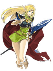 Rule 34 | 1girl, arm warmers, armor, belt, blonde hair, blue eyes, cape, deedlit, dress, esc., escornith, forehead jewel, green dress, highres, long hair, outstretched hand, pointy ears, record of lodoss war, short dress, solo, thighs, white background
