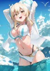 Rule 34 | 1girl, :d, absurdres, alternate costume, armpits, arms up, ball, beachball, bikini, bird, blonde hair, blue sky, breasts, cleavage, cloud, cloudy sky, cowboy shot, day, flower, front-tie bikini top, front-tie top, genshin impact, hair between eyes, hair flower, hair ornament, halterneck, highres, holding, holding ball, holding beachball, large breasts, layered bikini, looking at viewer, lumine (genshin impact), navel, o-ring, o-ring bikini, open clothes, open mouth, open shirt, outdoors, partially underwater shot, see-through, see-through shirt, shirt, short hair with long locks, side-tie bikini bottom, sidelocks, skindentation, sky, smile, solo, stomach, swimsuit, teeth, thighs, upper teeth only, wading, water, water drop, wet, wet clothes, wet shirt, white bikini, white flower, white shirt, xkirara39x, yellow eyes