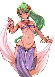 Rule 34 | 1girl, absurdres, armlet, bandeau, bangle, blush, bracelet, breasts, dancer, dark skin, dark-skinned female, green hair, harem outfit, harigane shinshi, highres, jewelry, long hair, navel, necklace, original, pointy ears, ponytail, red eyes, simple background, small breasts, solo, strapless, tube top, underboob