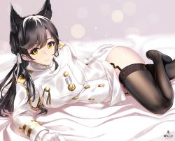 Rule 34 | 1girl, aiguillette, animal ears, artist name, atago (azur lane), azur lane, bed sheet, black hair, breasts, closed mouth, fox ears, garter straps, gloves, hair ribbon, infinote, large breasts, long hair, long sleeves, looking at viewer, lying, military, military uniform, mole, mole under eye, on side, ribbon, smile, solo, swept bangs, thighhighs, thighs, uniform, white gloves, white ribbon, yellow eyes