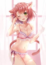 Rule 34 | 1girl, animal ears, arms up, bare shoulders, bell, blush, bow, bow bra, bra, breasts, cat girl, cleavage, fang, green eyes, hair ornament, hairclip, hand on own face, navel, one eye closed, open mouth, original, panties, pink bow, pink hair, sakura hiyori, see-through, short hair, solo, striped bra, striped clothes, striped panties, tail, tears, underwear