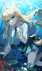 Rule 34 | 1girl, absurdres, air bubble, blonde hair, blue eyes, blue skirt, bubble, collared shirt, coral, ekina (1217), floating hair, freediving, hair ornament, hairclip, highres, light beam, long hair, long sleeves, looking at viewer, miniskirt, necktie, open mouth, original, pantyhose, pleated skirt, shirt, skirt, smile, solo, underwater, very long hair, water, white pantyhose, white shirt