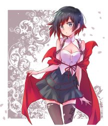 Rule 34 | 1girl, adapted costume, bare shoulders, black hair, black skirt, breasts, cape, cleavage, cleavage cutout, clothing cutout, gradient hair, grey eyes, highres, iesupa, looking at viewer, medium breasts, multicolored hair, off shoulder, print thighhighs, red cape, red hair, ruby rose, rwby, shirt, short hair, skirt, sleeveless, sleeveless shirt, solo, thighhighs, two-tone hair, white shirt