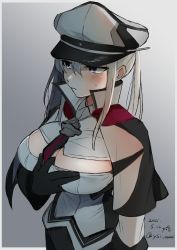 Rule 34 | 1girl, absurdres, black gloves, blonde hair, breasts, capelet, commentary request, gloves, graf zeppelin (kancolle), grey eyes, hair between eyes, hat, highres, jacket, kantai collection, large breasts, long hair, looking to the side, military, military hat, military uniform, necktie, one-hour drawing challenge, open clothes, peaked cap, sidelocks, solo, toriniku senshi chikinman, tsurime, twintails, uniform, upper body