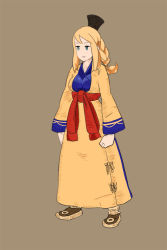 Rule 34 | 1girl, agrias oaks, blonde hair, braid, brown background, fgz, final fantasy, final fantasy tactics, full body, long hair, simple background, solo, standing