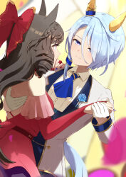 Rule 34 | 2girls, absurdres, animal ears, blue eyes, blue hair, blurry, blurry foreground, bow, brown hair, closed mouth, collared shirt, corsage, daiichi ruby (umamusume), dancing, dress, drill hair, ear covers, eye contact, glint, gloves, hair bow, half gloves, hand on another&#039;s back, hand on another&#039;s shoulder, highres, holding hands, horse ears, horse girl, horse tail, izu lemon, k.s.miracle (umamusume), long hair, long sleeves, looking at another, multiple girls, red dress, shirt, short hair, smile, tail, umamusume, upper body, white gloves, white shirt, yuri