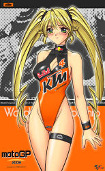 Rule 34 | 1girl, bare shoulders, blonde hair, blush, cleavage cutout, clothing cutout, green eyes, highleg, highleg swimsuit, legband, leotard, long hair, moto gp, one-piece swimsuit, r1, race queen, skin tight, solo, swimsuit, twintails, wristband