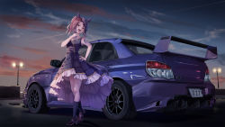 Rule 34 | 1girl, absurdres, animal ears, bow, brown hair, car, cloud, commentary, commission, ear covers, evening, hair bow, highres, horse ears, horse girl, horse tail, king halo (umamusume), lamppost, license plate, long hair, motor vehicle, outdoors, png pant (bus), red eyes, skeb commission, sky, solo, spoiler (automobile), sports car, subaru (brand), subaru impreza, tail, umamusume, vehicle focus