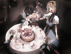Rule 34 | 1girl, alice margatroid, birthday, blonde hair, broken, cake, capelet, character doll, creepy, doll, dress, empty eyes, female focus, food, hairband, hakurei reimu, happy birthday, horror (theme), hourai doll, kirisame marisa, knife, lonely, nail, nyararuto, open mouth, pastry, shanghai doll, solo, table, touhou, translated, witch, yandere