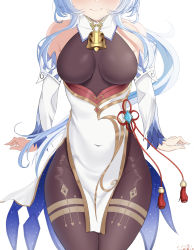Rule 34 | 1girl, absurdres, artist name, bare shoulders, bell, blue hair, blush, breasts, covered navel, detached sleeves, ganyu (genshin impact), genshin impact, gold trim, head out of frame, highres, long hair, medium breasts, neck bell, no gloves, pantyhose, signature, sitting, smile, solo, thighs, vision (genshin impact), white background, zim-o (2cy520)