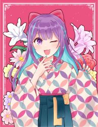 Rule 34 | alternate costume, bad id, bad twitter id, blush, bow, check (check book), commentary request, fang, fingernails, flower, hair bow, hanayori jyoshiryou, japanese clothes, kimono, kohigashi hitona, long hair, looking at viewer, multicolored hair, one eye closed, open mouth, pink background, simple background, solo, virtual youtuber
