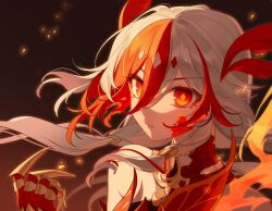 Rule 34 | 1girl, animal hands, bare shoulders, chinese clothes, claws, closed mouth, detached sleeves, eyeliner, fire, fu hua, fu hua (garuda), gloves, hair between eyes, highres, honkai (series), honkai impact 3rd, long hair, looking at viewer, low-tied long hair, low twintails, makeup, multicolored hair, red eyeliner, red eyes, red gloves, red hair, red scales, scales, solo, streaked hair, symbol-shaped pupils, twintails, two-tone hair, very long hair, white hair, yellow pupils, zhaonan