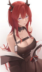 Rule 34 | 1girl, arknights, bad id, bad pixiv id, bare shoulders, belt, black belt, black dress, breasts, chest strap, cleavage, commentary, detached collar, dress, gradient background, grey background, hair between eyes, highres, horns, large breasts, purple eyes, red hair, revision, rifu (643763873), solo, surtr (arknights), upper body