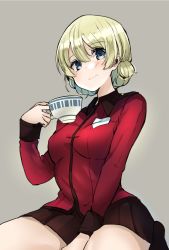 Rule 34 | 1girl, between legs, black skirt, blonde hair, blue eyes, blush, braid, closed mouth, commentary, cup, darjeeling (girls und panzer), epaulettes, girls und panzer, grey background, hand between legs, highres, holding, holding cup, jacket, light blush, long sleeves, looking at viewer, military, military uniform, miniskirt, pleated skirt, red jacket, short hair, simple background, sitting, skirt, smile, solo, st. gloriana&#039;s military uniform, teacup, twin braids, uniform, yunekoko