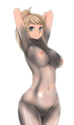 Rule 34 | 10s, 1girl, armpits, arms behind head, arms up, bad id, bad pixiv id, blonde hair, blue eyes, bodypaint, breasts, gundam, gundam build fighters, gundam build fighters try, highres, hip focus, hoshino fumina, large breasts, long hair, looking at viewer, naked paint, navel, nipples, nude, painted clothes, ponytail, pussy, see-through, simple background, smile, solo, tuna21, uncensored, white background