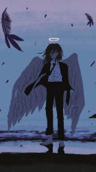 Rule 34 | 1boy, angel devil (chainsaw man), angel wings, no arms, barefoot, beach, black jacket, black necktie, black pants, blue sky, blue theme, chainsaw man, collared shirt, dark, feathers, floating hair, formal, halo, highres, jacket, long hair, muted color, necktie, no arms, pants, sakutaro (39ar 39ca), shirt, sky, solo, suit, white shirt, white wings, wings