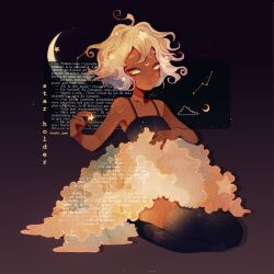 Rule 34 | 1girl, ahoge, bare shoulders, black background, black tank top, black thighhighs, cloud, commentary, constellation, constellation print, crescent, crescent facial mark, crescent moon, dark-skinned female, dark skin, english commentary, english text, facial mark, forehead mark, freckles, french text, full body, hair ornament, holding, holding star, hoshi-pan, kneeling, looking at object, marking on cheek, moon, original, parted lips, short hair, shoulder tattoo, solo, star (symbol), star hair ornament, star on cheek, star print, tank top, tattoo, thighhighs, wavy hair, white hair, yellow eyes