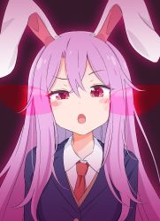 Rule 34 | 1girl, animal ears, arms at sides, black jacket, blazer, blush stickers, buttons, collared shirt, commentary, glowing, glowing eyes, haruki reimari, highres, jacket, long hair, looking at viewer, necktie, notice lines, open mouth, outline, purple hair, rabbit ears, raised eyebrows, red eyes, red necktie, reisen udongein inaba, shirt, simple background, solo, suit jacket, touhou, uneven eyes, upper body, white outline, white shirt