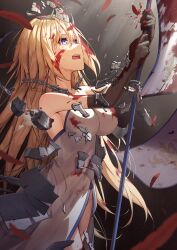 Rule 34 | 1girl, absurdres, armor, bare shoulders, black gloves, blonde hair, blood, blood in hair, blood on clothes, blood on face, blood on hands, blue eyes, breasts, chain, dress, elbow gloves, fate/apocrypha, fate/grand order, fate (series), flag, fukuidesu0110, gloves, gradient background, highres, holding, holding flag, jeanne d&#039;arc (fate), light, long dress, long hair, medium breasts, open mouth, shadow, solo, teeth, uvula, white dress