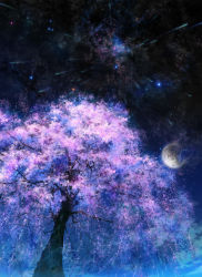 Rule 34 | absurdres, cherry blossoms, epic, highres, iy tujiki, moon, night, no humans, original, scenery, shooting star, sky, star (sky), starry sky