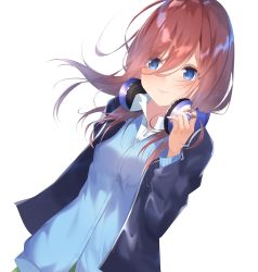 Rule 34 | 1girl, absurdres, blazer, blue cardigan, blue eyes, blue jacket, blush, breasts, brown hair, cardigan, closed mouth, collared shirt, commentary request, dress shirt, dutch angle, go-toubun no hanayome, green skirt, hair between eyes, headphones, headphones around neck, highres, jacket, long hair, looking away, looking to the side, medium breasts, nakano miku, open clothes, open jacket, shirt, simple background, skirt, solo, suisen-21, white background, white shirt