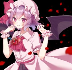 Rule 34 | 1girl, absurdres, ascot, bad id, bad pixiv id, bat wings, black background, blush, bow, brooch, center frills, commentary request, dress, frilled shirt collar, frills, hair between eyes, hands up, hat, hat bow, highres, jewelry, looking at viewer, mob cap, nail polish, pendant, petals, pink dress, pink hat, puffy short sleeves, puffy sleeves, purple hair, red ascot, red bow, red eyes, red nails, red sash, remilia scarlet, rose petals, sash, shinonome asu, short hair, short sleeves, simple background, smile, solo, touhou, upper body, wings, wrist cuffs