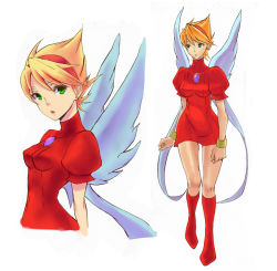 Rule 34 | 1girl, angel wings, blonde hair, boots, bracelet, breasts, breath of fire, breath of fire iii, brooch, commentary request, dress, green eyes, groin, hairband, jewelry, knee boots, looking at viewer, multiple views, nina (breath of fire iii), nyantiu, open mouth, puffy sleeves, short hair, simple background, skin tight, white background, white wings, wings