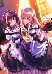 Rule 34 | 10s, 2girls, :d, apron, backlighting, black ribbon, blonde hair, blush, bow, bowtie, breasts, brown eyes, brown hair, bustier, cleavage, cup ramen, detached collar, doma umaru, dress, ebina nana, food, frilled dress, frills, hair tie, highres, himouto! umaru-chan, indoors, lace, lace-trimmed dress, lace trim, layered dress, long hair, maid, maid apron, maid headdress, multiple girls, noodles, nose blush, off shoulder, open mouth, picture frame, ramen, ribbon, short sleeves, skirt hold, smile, striped bow, striped bowtie, striped clothes, striped neckwear, sunlight, swordsouls, tray, twintails, waist apron, wavy mouth, window, wooden floor, wrist cuffs