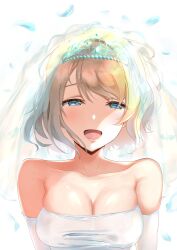 Rule 34 | 1girl, bare shoulders, blue eyes, breasts, bridal veil, brown hair, cleavage, commentary request, dress, facing viewer, feathers, looking at viewer, love live!, love live! sunshine!!, medium breasts, open mouth, ponnu (nikeytina), short hair, simple background, smile, solo, strapless, strapless dress, tiara, upper body, veil, watanabe you, wedding, wedding dress, white background