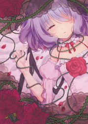 Rule 34 | 1girl, alternate costume, bat wings, beni kurage, blush, bow, breasts, cleavage, closed eyes, closed mouth, collarbone, commentary, dress, eyelashes, fingernails, flower, frilled sleeves, frills, unworn headwear, highres, lace trim, light purple hair, long sleeves, lying, no headwear, on back, petals, pink dress, plant, pointy ears, red flower, red rose, remilia scarlet, rose, rose petals, short hair, sidelocks, sleeping, small breasts, solo, tears, thorns, touhou, vines, wings
