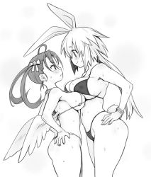 Rule 34 | 2girls, animal ears, ass, asymmetrical docking, bikini, bracelet, breast press, breasts, covered erect nipples, cowboy shot, eye contact, face-to-face, female focus, greyscale, hands on own hips, height difference, jewelry, large breasts, long hair, looking at another, medium breasts, monochrome, multiple girls, rabbit ears, ryoji (nomura ryouji), simple background, smile, sweat, swimsuit, symmetrical docking, twintails, white background, wings