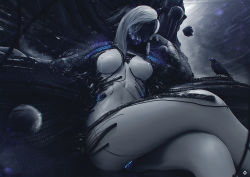 Rule 34 | 1girl, android, animal, antoine collignon, arm at side, bird, breasts, breasts apart, cable, crossed legs, crow, cyberpunk, faceless, hand on own head, hand up, head rest, highres, light particles, long hair, medium breasts, navel, neon, neon trim, nipples, original, science fiction, sitting, solo, white hair