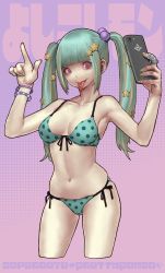 Rule 34 | 1girl, bikini, blonde hair, bracelet, cellphone, character request, collaboration, cowboy shot, cropped legs, daichan mona, fingernails, front-tie bikini top, front-tie top, green bikini, green hair, green nails, hair bobbles, hair ornament, heart, highres, holding, holding phone, jewelry, long hair, multicolored hair, nail polish, navel, phone, piercing, polka dot, polka dot background, polka dot bikini, purple eyes, selfie, side-tie bikini bottom, smartphone, solo, star (symbol), swimsuit, tagme, tongue, tongue piercing, twintails