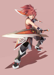 Rule 34 | 1boy, armor, bad id, bad pixiv id, bare shoulders, dual wielding, elsword, elsword (character), fullluv, highres, holding, male focus, ponytail, red eyes, red hair, sheath knight (elsword), simple background, solo, sword, weapon