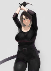 Rule 34 | 1girl, black bodysuit, bodysuit, breasts, brown eyes, brown hair, colored skin, expressionless, gloves, grey background, half gloves, holding, holding sword, holding weapon, ikuchan kaoru, katana, large breasts, looking at viewer, multicolored skin, original, scabbard, sheath, short hair, simple background, solo, sword, weapon