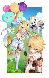 Rule 34 | 1boy, 2girls, absurdres, aether (genshin impact), ahoge, balloon, bare shoulders, black shirt, blonde hair, blue sky, blush, border, braid, braided ponytail, chinese commentary, closed mouth, cloud, commentary request, crop top, detached sleeves, dress, flower, full body, genshin impact, grass, hair between eyes, hair flower, hair ornament, highres, holding, holding balloon, holding hands, jiachong jun z, looking at another, lumine (genshin impact), midriff, multiple girls, open mouth, paimon (genshin impact), scarf, shirt, short hair, short hair with long locks, short sleeves, sidelocks, sky, smile, standing, thighhighs, white border, white dress, white hair, white scarf, white shirt, white thighhighs, yellow eyes