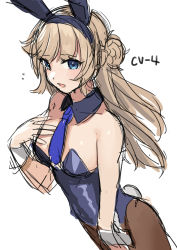 Rule 34 | 1girl, absurdres, akagi kurage, animal ears, bad id, bad twitter id, black leotard, blonde hair, blue eyes, blue necktie, blush, collar, dress, gloves, hair bun, hand on own chest, highres, kantai collection, leotard, long hair, looking at viewer, necktie, own hands together, playboy bunny, rabbit ears, rabbit tail, ranger (kancolle), rigging, short sleeves, simple background, single side bun, sketch, solo, sparkle, strapless, strapless leotard, tail, upper body, white background