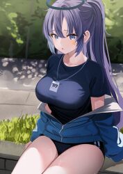 Rule 34 | 1girl, :o, alternate hairstyle, black shirt, blue archive, blue eyes, blue jacket, blush, breasts, buruma, collarbone, facepaint, halo, highres, jacket, jacket partially removed, lanyard, large breasts, looking at viewer, official alternate costume, outdoors, partially unzipped, ponytail, purple hair, shirt, sitting, solo, star (symbol), sweat, touyou (39kir), track jacket, yuuka (blue archive), yuuka (track) (blue archive)