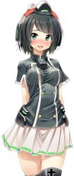 Rule 34 | arms behind back, artist request, black hair, blunt bangs, blush, breasts, cosmic break, green eyes, medium breasts, nora schneid, official art, open mouth, second-party source, shirt, short hair, skirt, smile, sweatdrop, thighhighs, turtleneck