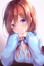 Rule 34 | 1girl, :t, amedamacon, blue cardigan, blush, breasts, brown hair, cardigan, closed mouth, commentary request, dress shirt, eyes visible through hair, go-toubun no hanayome, hair over one eye, hands up, headphones, highres, long hair, long sleeves, looking at viewer, medium breasts, nakano miku, pout, purple eyes, shirt, sleeves past wrists, solo, upper body, white shirt