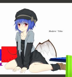 Rule 34 | 1girl, blue hair, blush, contemporary, hat, highres, letterboxed, ratsuku kinoko, red eyes, remilia scarlet, short hair, simple background, sitting, solo, touhou, wariza, white background, wings