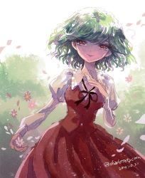 Rule 34 | 10s, 1girl, 2014, adapted costume, alternate costume, artist name, bow, daisy, dated, flower, green hair, juliet sleeves, kazami yuuka, long sleeves, looking at viewer, neck ribbon, petals, puffy sleeves, red eyes, ribbon, shirt, short hair, skirt, smile, solo, takatora, touhou, twitter username, vest