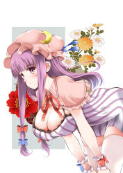 Rule 34 | 1girl, adapted costume, ass, blue bow, blue ribbon, blunt bangs, blush, bow, breasts, capelet, cleavage, commentary request, crescent, crescent pin, dress, flower, hair bow, hands on own knees, hat, hat ribbon, highres, large breasts, leaning forward, long hair, looking at viewer, mob cap, neck ribbon, patchouli knowledge, pink capelet, purple eyes, purple hair, red bow, red ribbon, ribbon, short dress, simple background, solo, striped clothes, striped dress, thighhighs, touhou, usuusu, white thighhighs, wrist bow, wrist cuffs