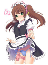 Rule 34 | 10s, 1boy, anal, anal object insertion, apron, blush, brown hair, bulge, clothes lift, crossdressing, double v, dress, dress lift, erection, erection under clothes, green eyes, heart, idolmaster, idolmaster side-m, long hair, looking at viewer, maid, maid apron, maid headdress, male focus, male penetrated, mizushima saki, mo (nmnme), object insertion, panties, precum, remote control vibrator, sex toy, side-tie panties, simple background, skirt, skirt lift, smile, solo, spoken heart, stain, stained panties, thigh strap, trap, twintails, underwear, v, vibrator, vibrator in anus, white background