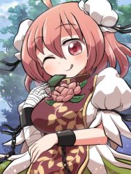 Rule 34 | 1girl, :q, bandaged arm, bandages, bun cover, card, chinese clothes, closed mouth, cowboy shot, cuffs, double bun, flower, green skirt, hair between eyes, hair bun, highres, holding, holding card, ibaraki kasen, one eye closed, outdoors, pink flower, pink hair, pink rose, puffy short sleeves, puffy sleeves, red eyes, rokugou daisuke, rose, shackles, short hair, short sleeves, skirt, smile, solo, standing, tabard, tongue, tongue out, touhou, tree