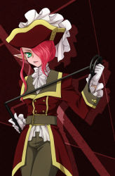 Rule 34 | 1girl, belt, breasts, coat, ascot, frills, gloves, green eyes, hair over one eye, hat, long hair, mathias (tales of innocence), pants, pirate hat, pointy ears, red hair, tales of (series), tales of innocence, weapon, whip