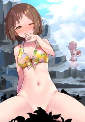 Rule 34 | 10s, 2girls, arm support, ball, bang dream!, bare shoulders, beachball, bikini, bikini top only, blue sky, blush, bottomless, bow, bow bikini, breasts, brown hair, bush, cleavage, cloud, cloudy sky, collarbone, commentary request, convenient censoring, covering own mouth, day, floral print, groin, hand over own mouth, hazawa tsugumi, holding, holding ball, multiple girls, navel, one eye closed, outdoors, pink bikini, pink hair, raised eyebrows, rock, rose print, shipii (jigglypuff), short hair, sitting, sky, small breasts, solo focus, stomach, swimsuit, uehara himari, yellow bikini, yellow eyes