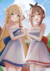 Rule 34 | 2girls, :d, atelier (series), atelier ryza, atelier ryza 1, bare arms, bare shoulders, beret, black hairband, blonde hair, blue bow, blurry, blurry background, bow, bow hairband, braid, brown eyes, brown hair, cloud, commentary request, dress, french braid, green eyes, hair bow, hair ornament, hairband, hairclip, hat, highres, holding hands, interlocked fingers, klaudia valentz, long hair, looking at viewer, multiple girls, official art, open mouth, outdoors, red bow, reisalin stout, short hair, single braid, sky, smile, strapless, strapless dress, tanshio, thighhighs, white bow, white dress, white thighhighs